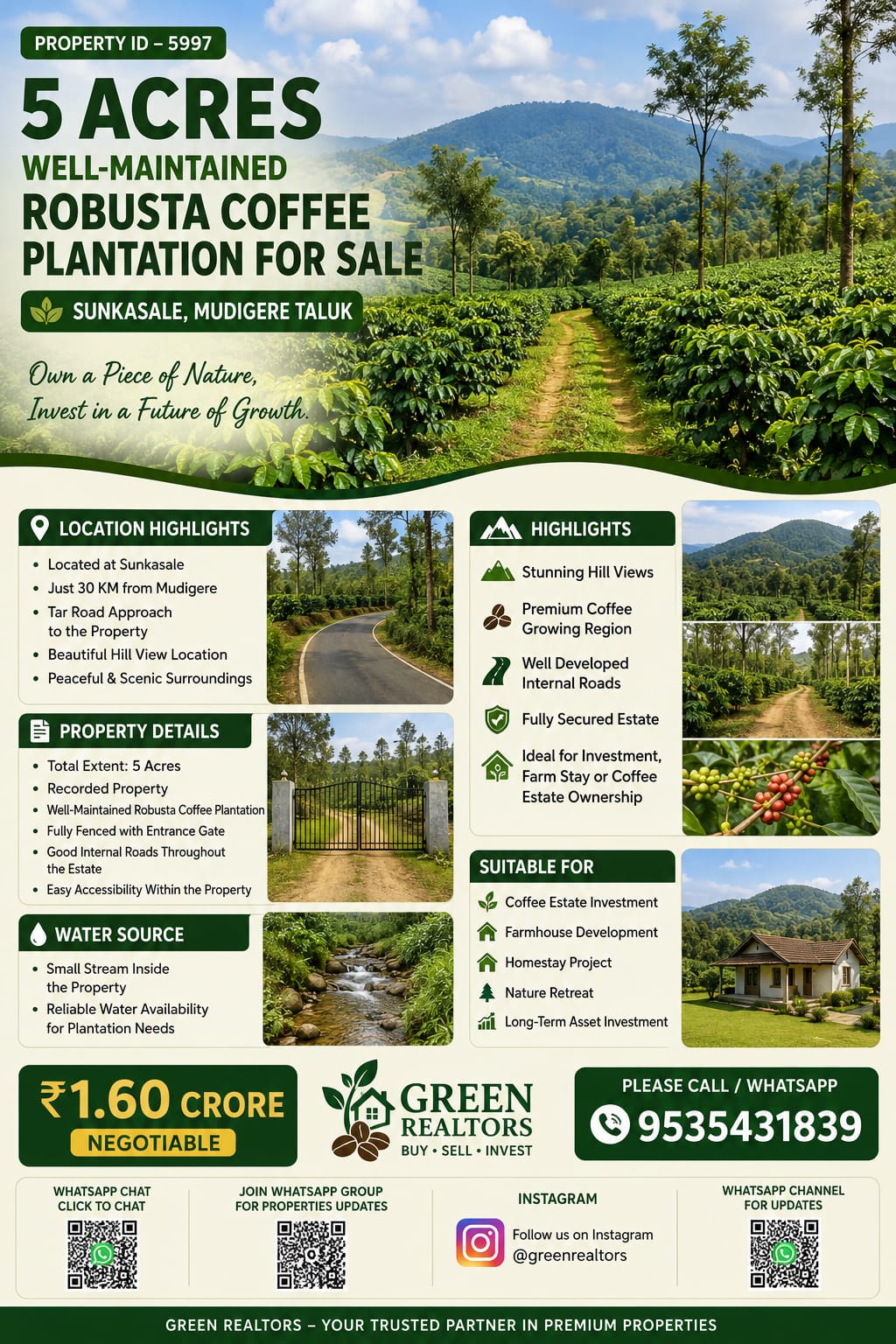 *🆔 PROPERTY ID – 5997* ☕🌿 *5 Acres Well-Maintained Robusta Coffee Plantation for Sale – Sunkasale, Mudigere Taluk*